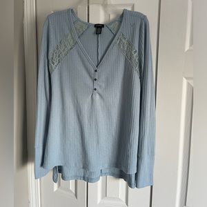 Justify women’s Henley top shirt waffle knit blouse v-neck light blue bright